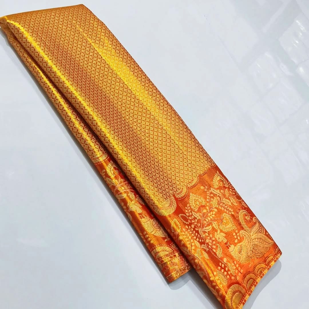 Orange Kanchipuram Handloom 2D Tissue Brocade Silk Saree