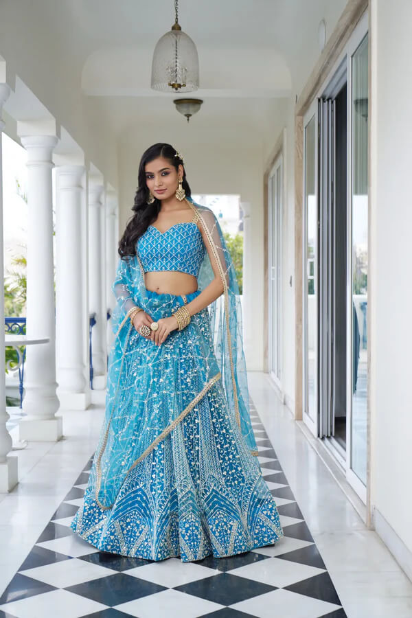 Elegant Pacific Blue Net Embroidered Lehenga Choli