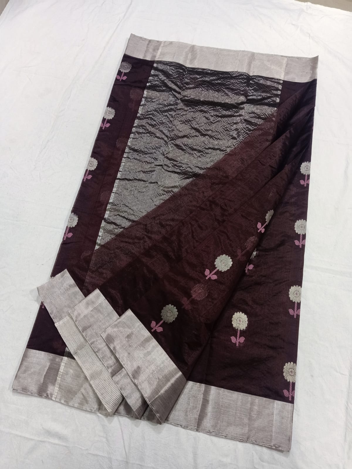 Wine Chanderi Handloom Pattu Silk Meenakari Saree