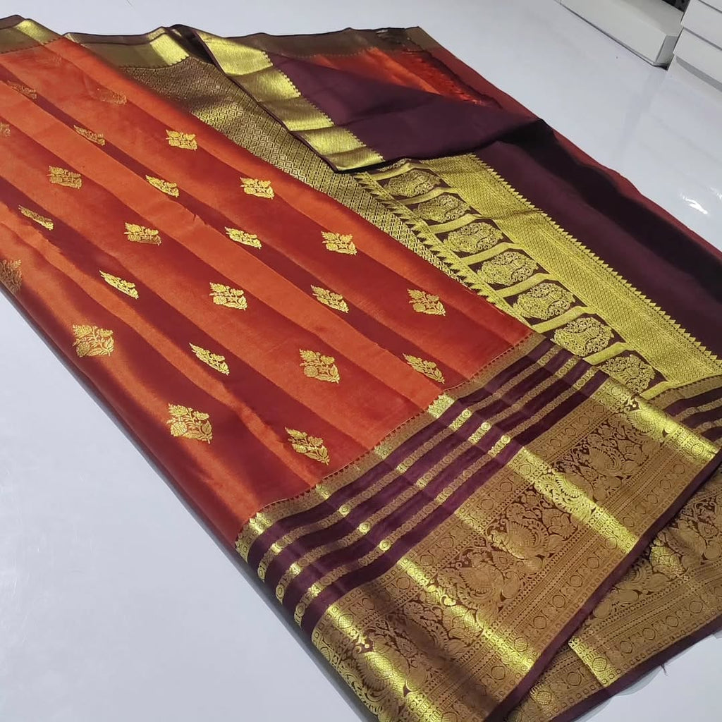 Red Vintage Kanchipuram Handloom Tissue Brocade Silk Saree