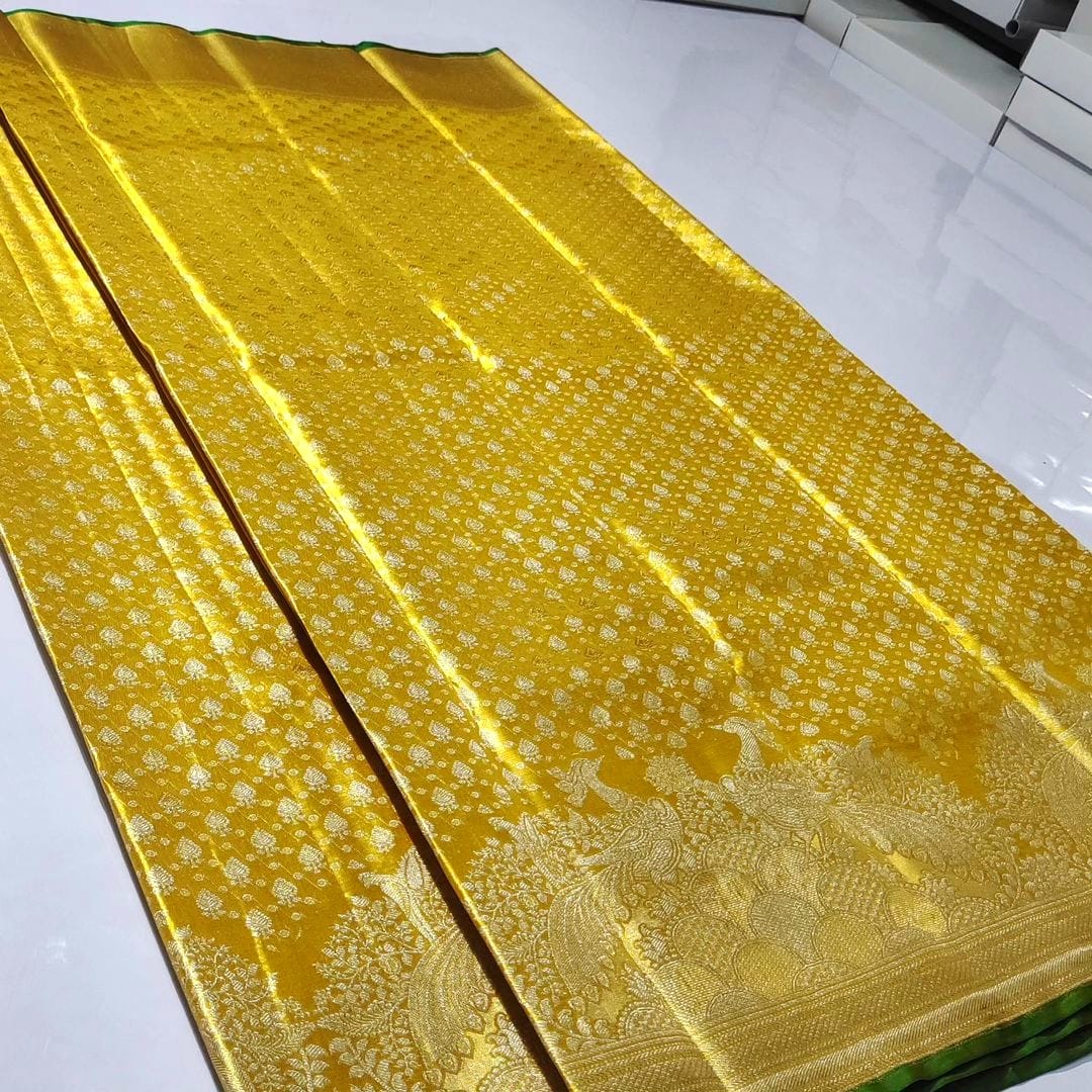 Gold Kanchipuram Handloom Meenakari Tissue Brocade Silk Saree