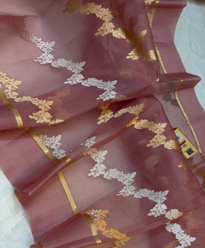 Rose Banarasi Handloom Kora Organza Silk Saree