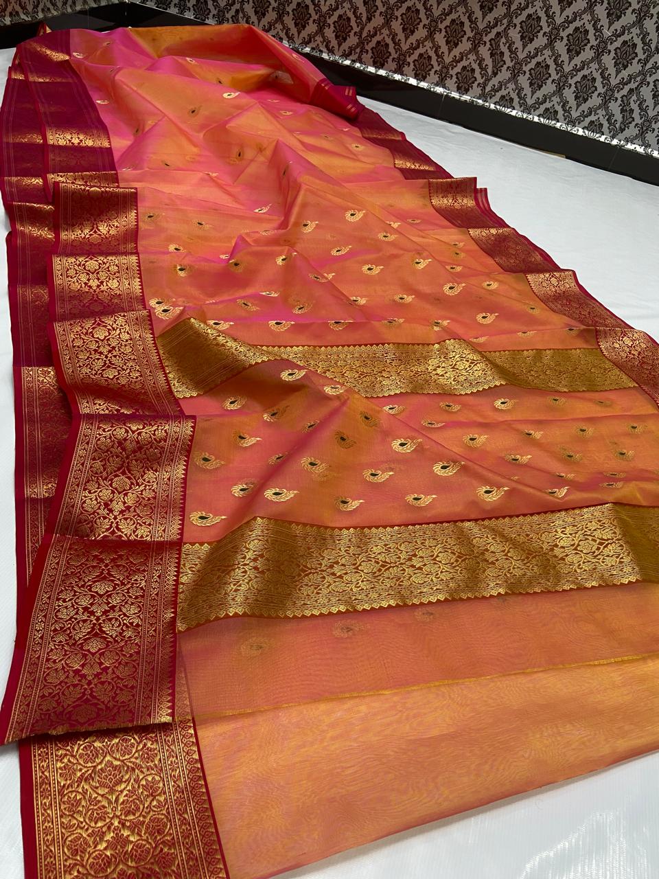 Orange Chanderi Handloom Katan Silk Nakshi Meenakari Saree