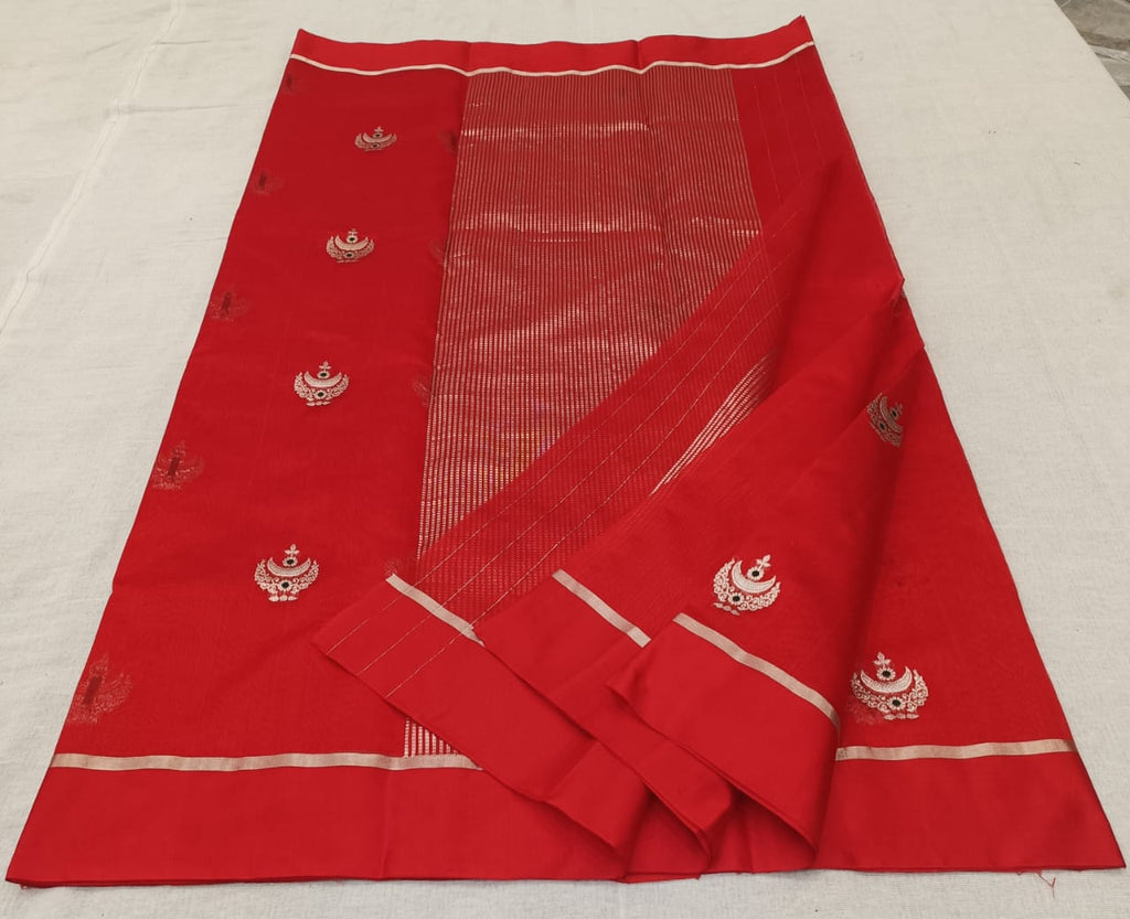 Red Chanderi Handloom Pattu Silk Eknal Buttas Saree