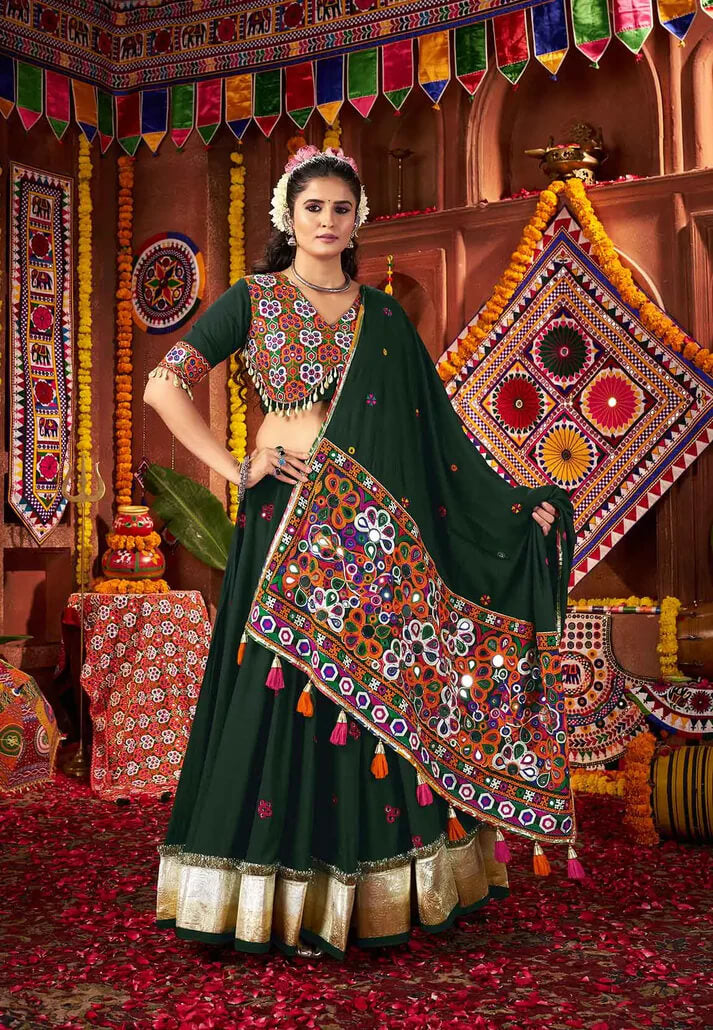 Designer Green Mirror & Thread Work Navratri Lehenga