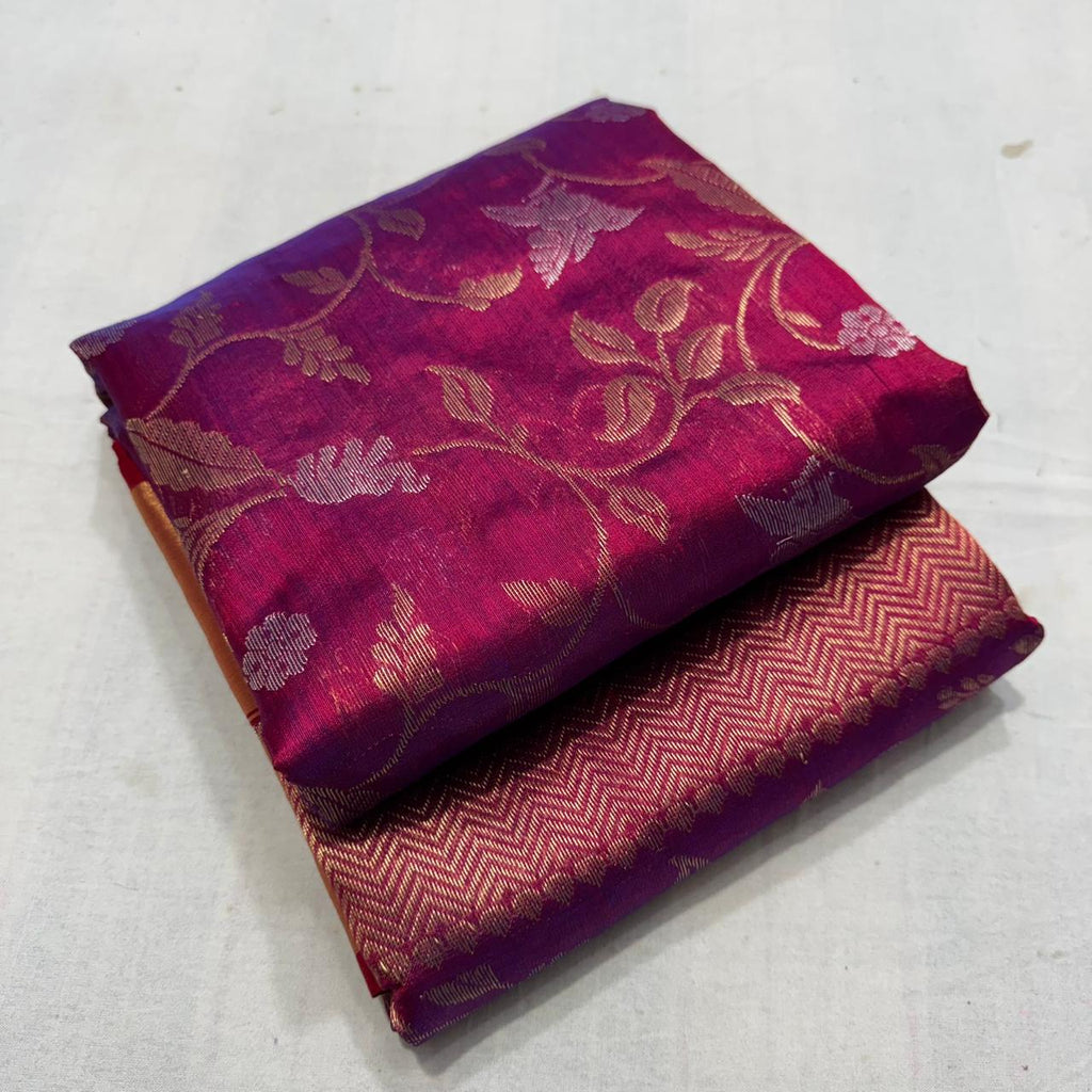 Dark Pink Chanderi Handloom Pattu Silk Shikargah Handwork Saree