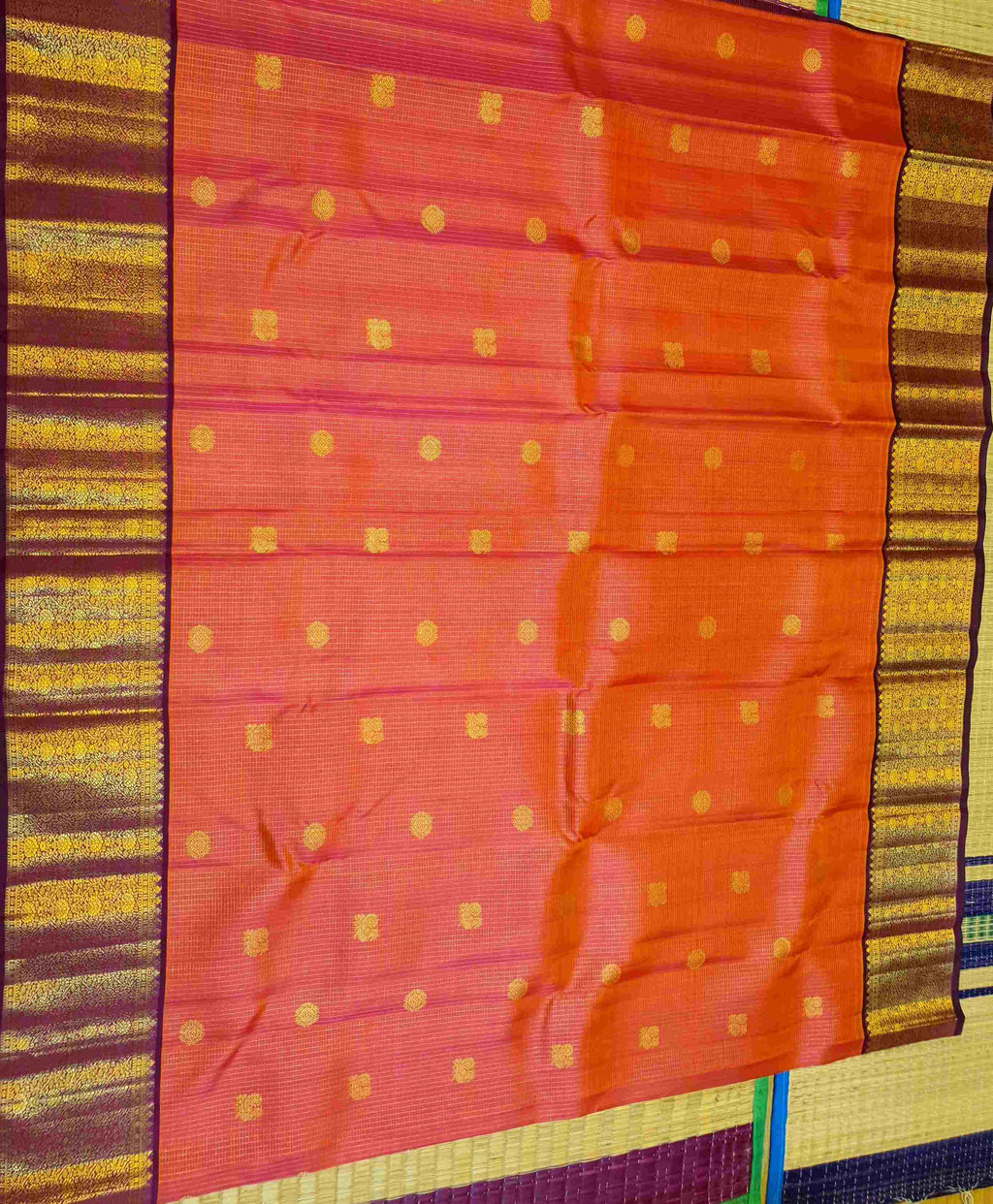 Orange Red Kanchipuram Handloom 2G Pure Gold Vairaoosi Silk Saree