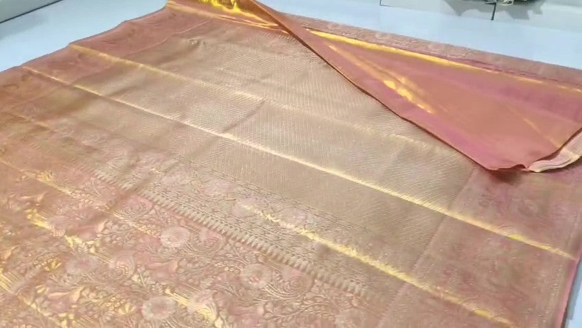 Peach Kanchipuram Handloom Tissue Brocade Silk Saree