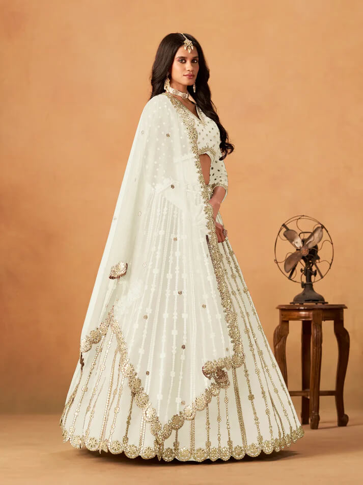 Off White Art Silk Lehenga with Mirror & Embroidery