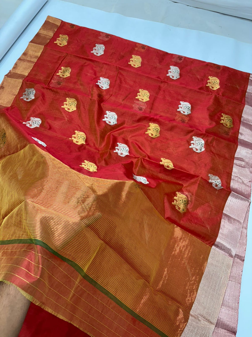 Chilly Red Chanderi Handloom Pattu Silk Eknal Buttas Saree