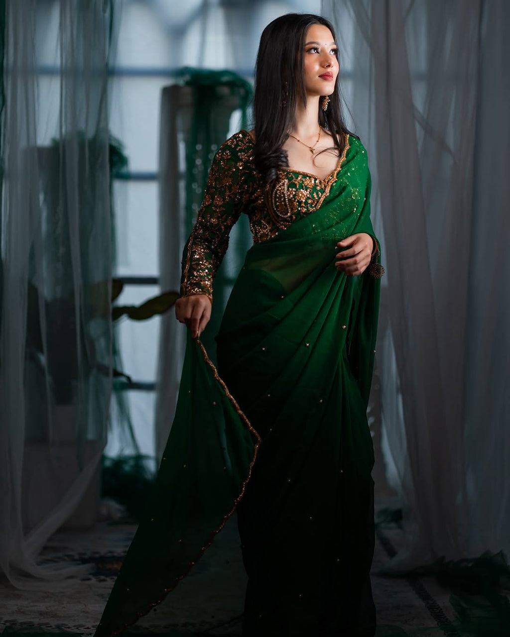 Bottle Green Hand Embroidered Organza Silk Saree