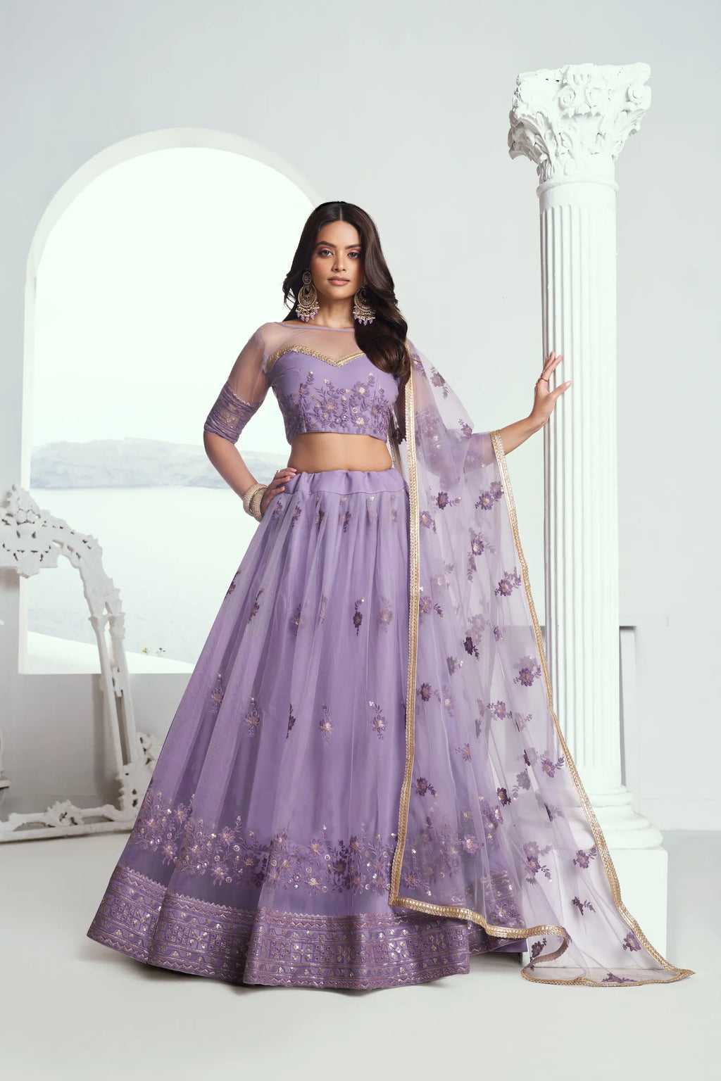 Lavender Sequins Embroidered Net Lehenga Choli
