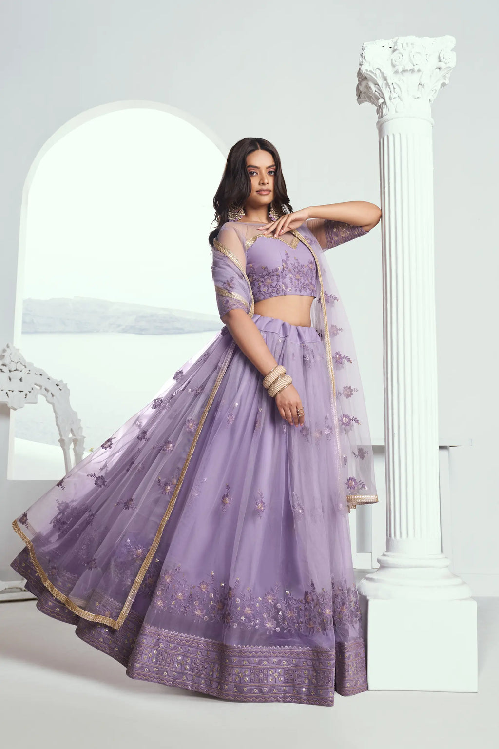 Lavender Sequins Embroidered Net Lehenga Choli