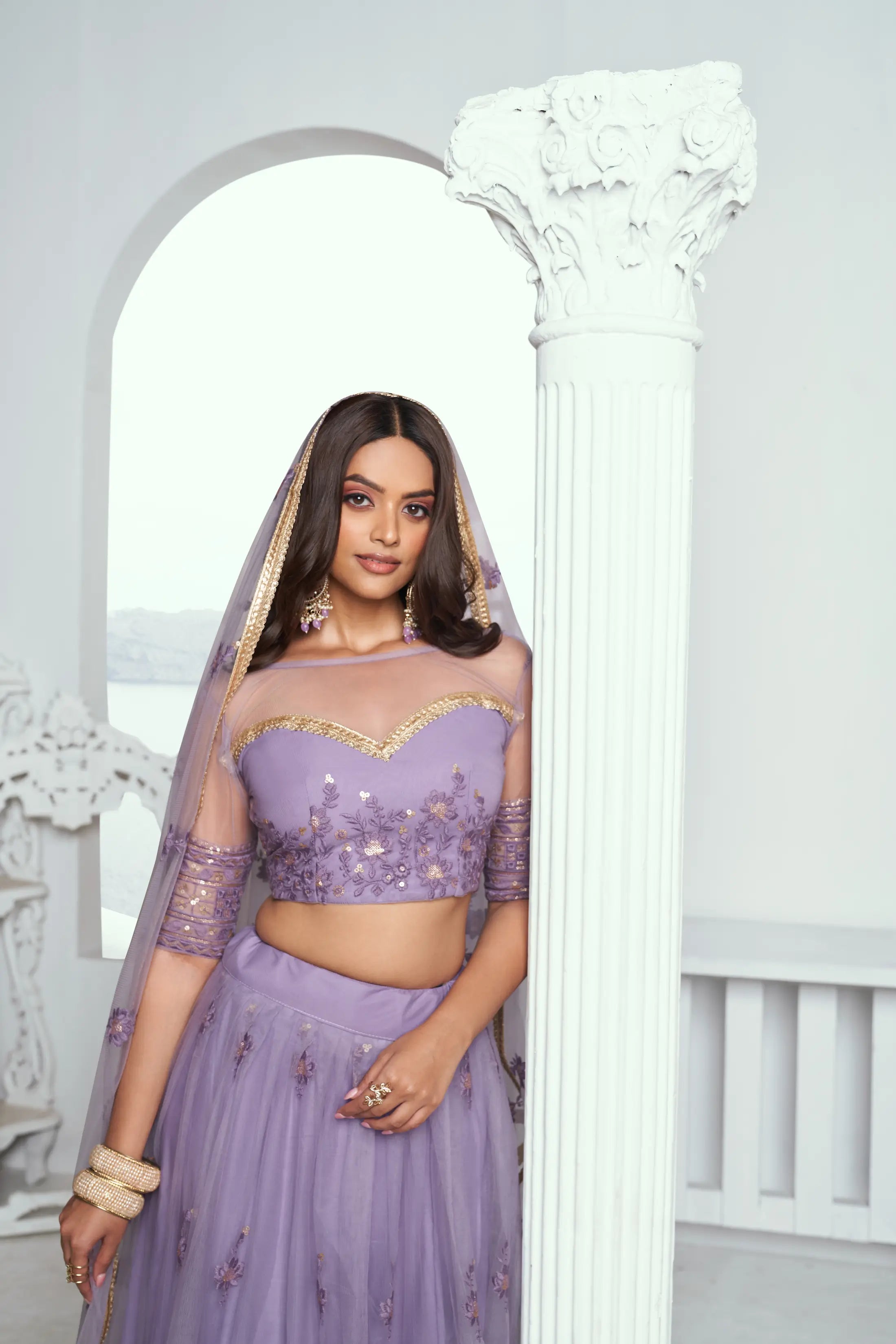 Lavender Sequins Embroidered Net Lehenga Choli