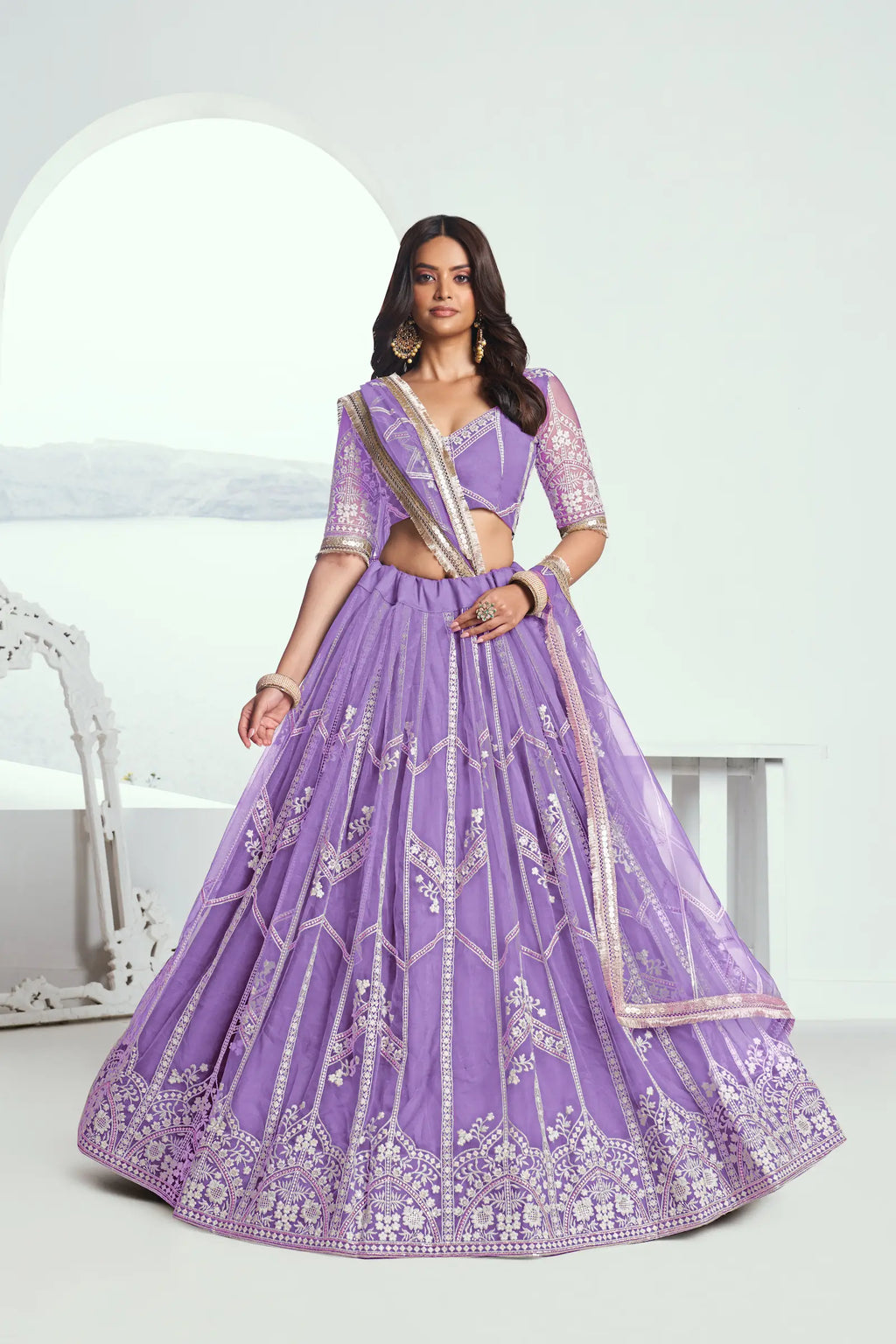 Soft Purple Sequins Embroidered Net Lehenga Choli