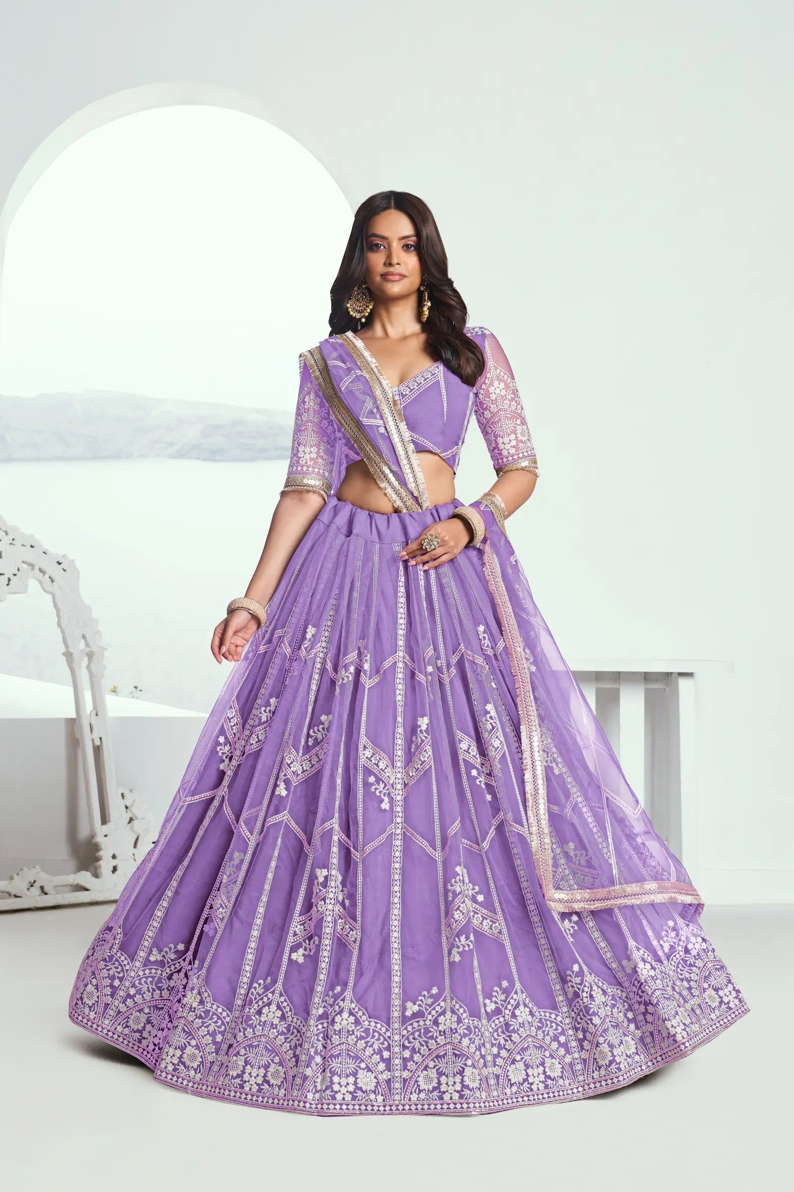 Soft Purple Sequins Embroidered Net Lehenga Choli