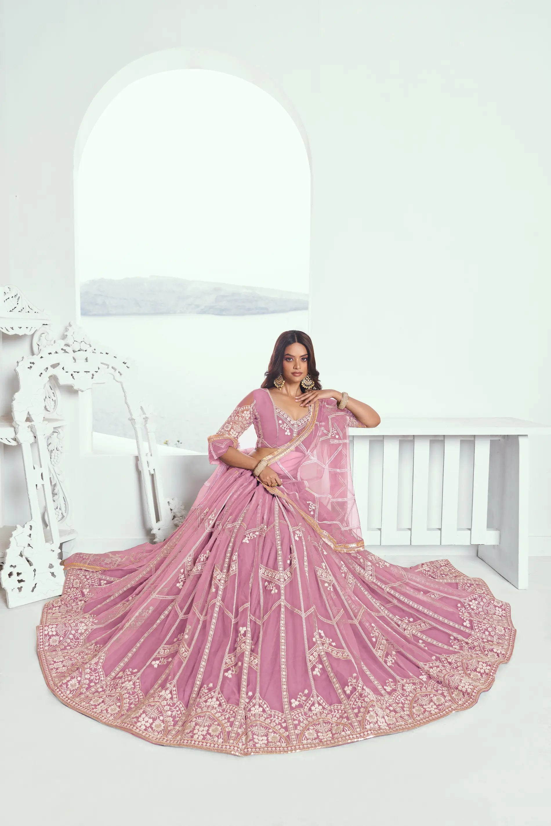 Light Pink Sequins Embroidered Net Lehenga Choli