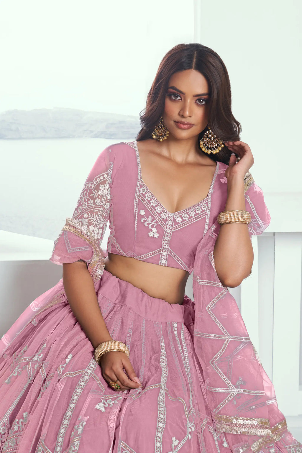 Light Pink Sequins Embroidered Net Lehenga Choli