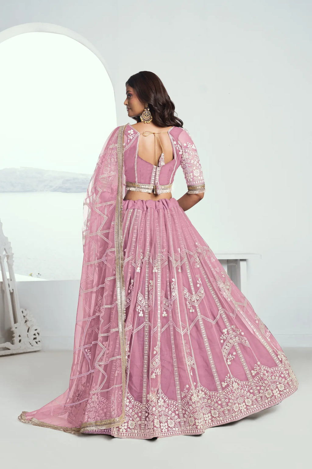 Light Pink Sequins Embroidered Net Lehenga Choli