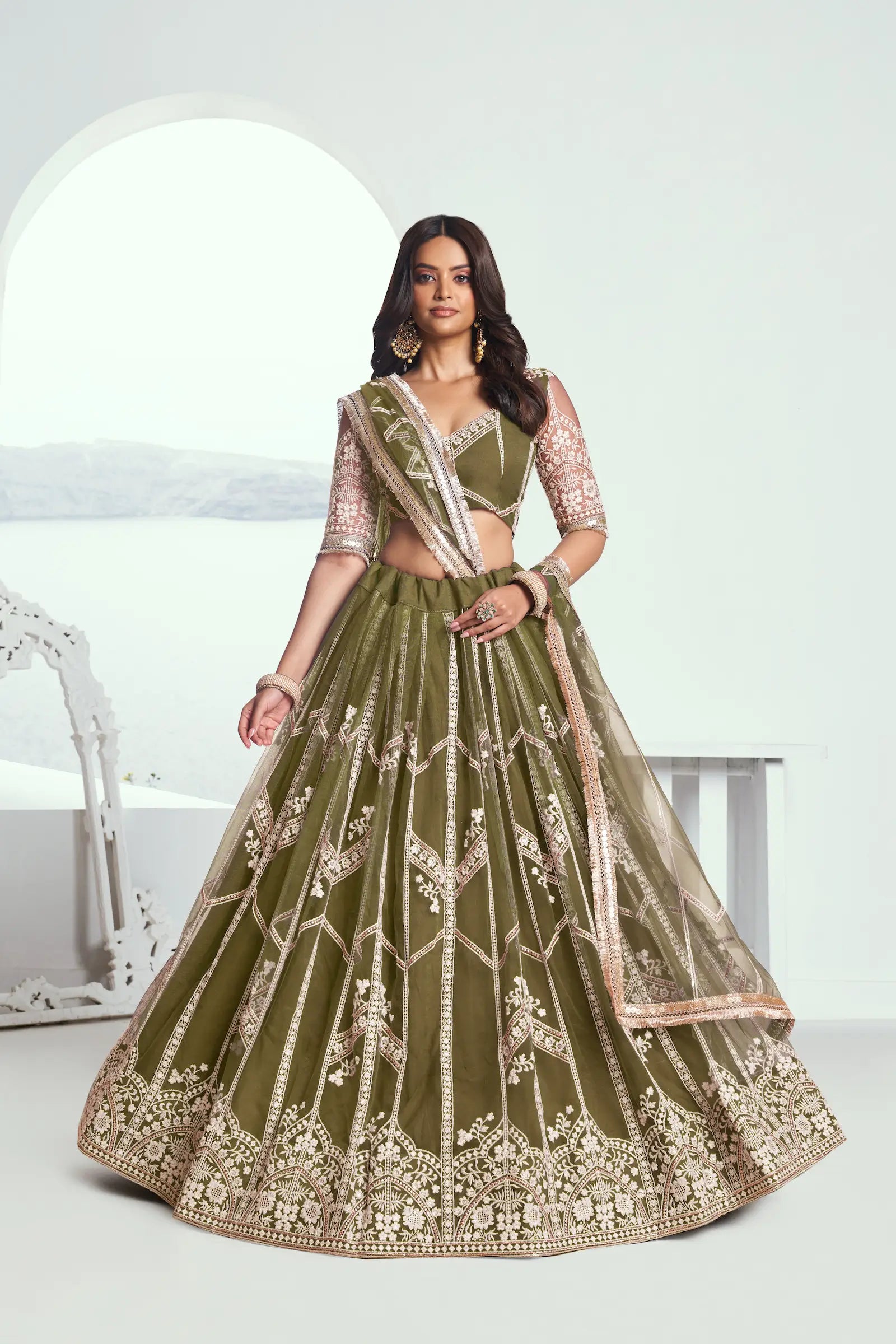 Dark Olive Sequins Embroidered Net Lehenga Choli