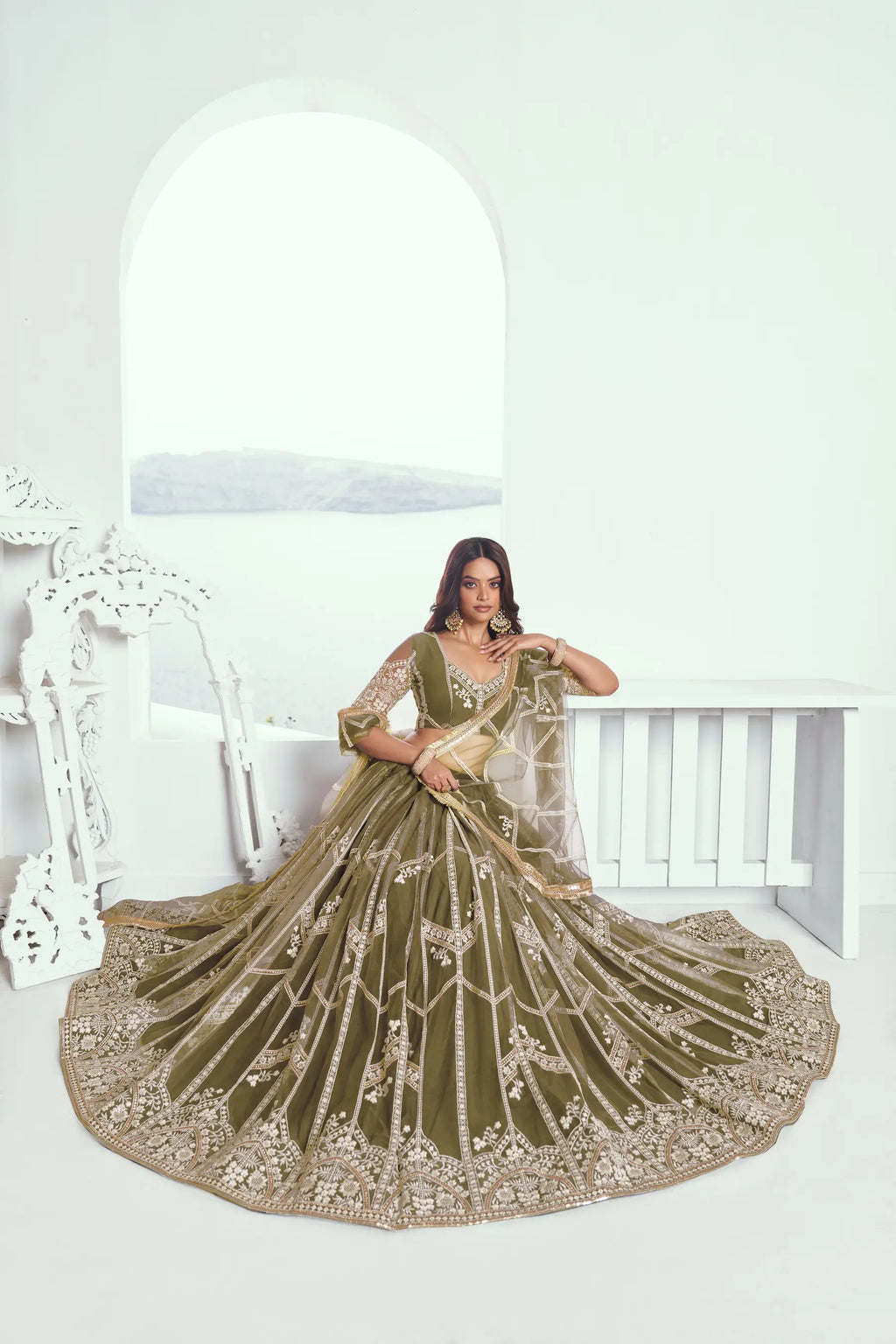 Dark Olive Sequins Embroidered Net Lehenga Choli