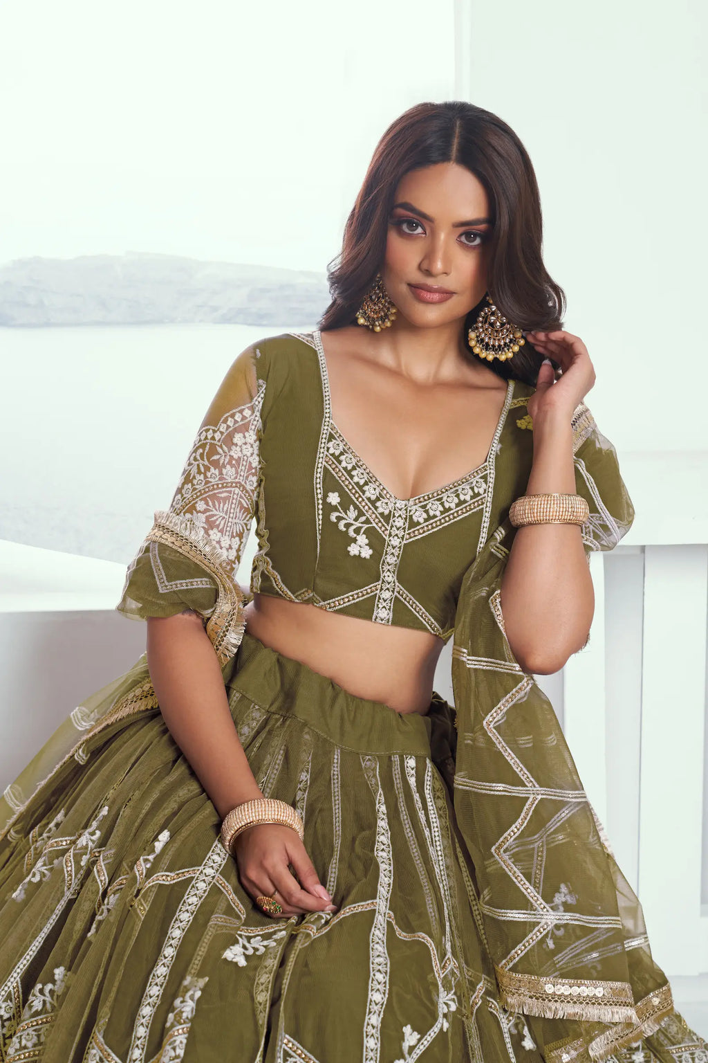 Dark Olive Sequins Embroidered Net Lehenga Choli