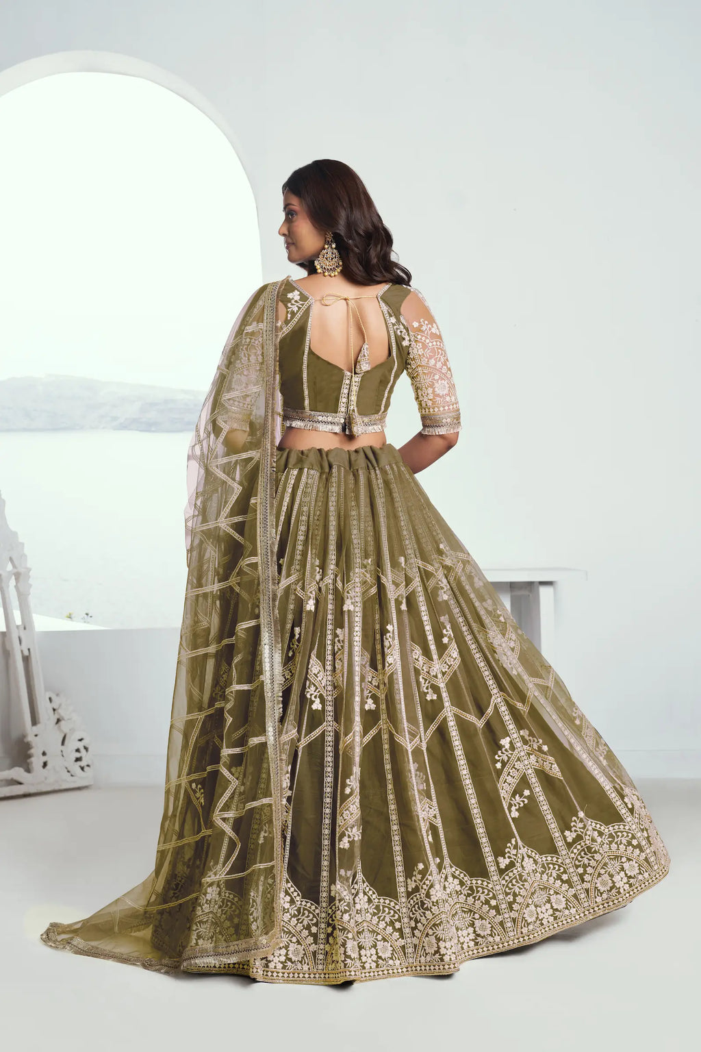 Dark Olive Sequins Embroidered Net Lehenga Choli