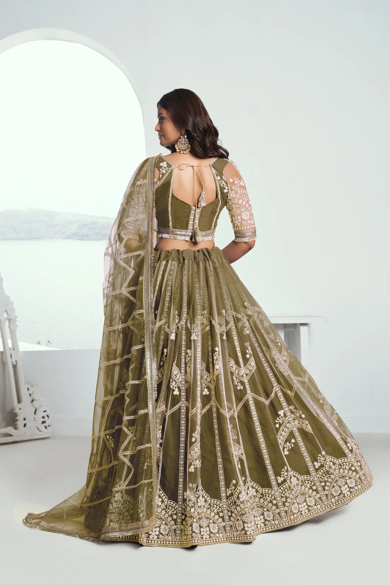 Dark Olive Sequins Embroidered Net Lehenga Choli