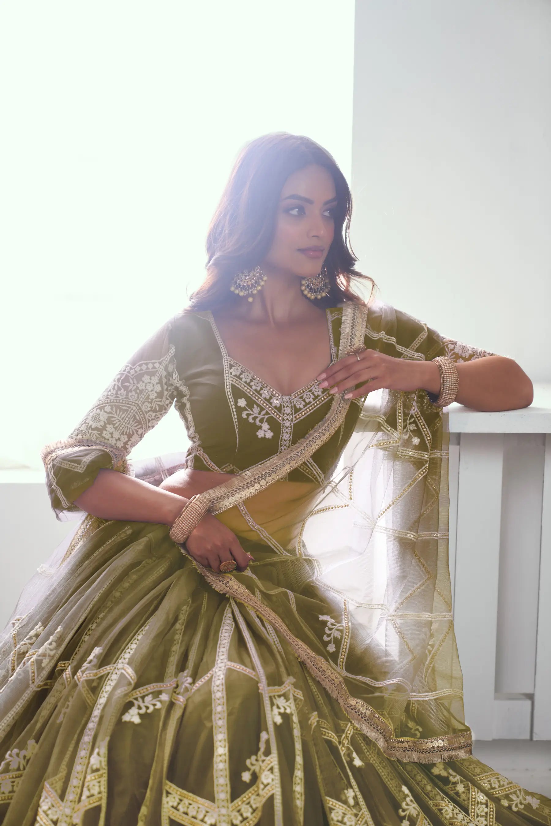 Dark Olive Sequins Embroidered Net Lehenga Choli