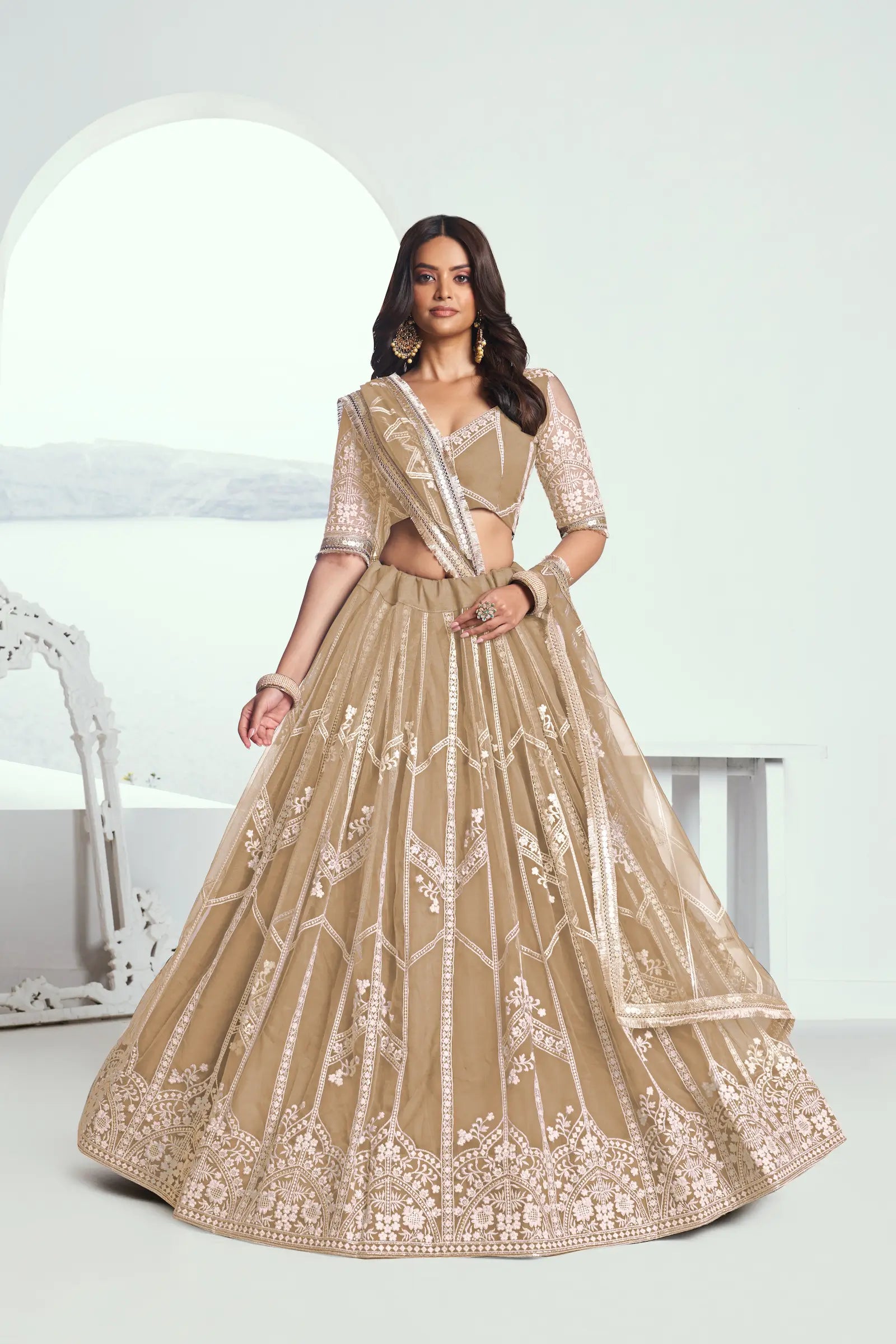 Beige Sequins Thread Embroidered Net Lehenga Choli