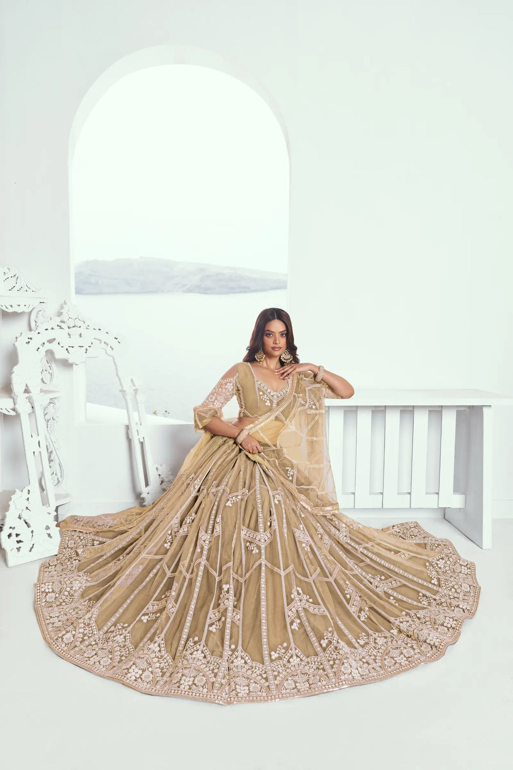 Beige Sequins Thread Embroidered Net Lehenga Choli