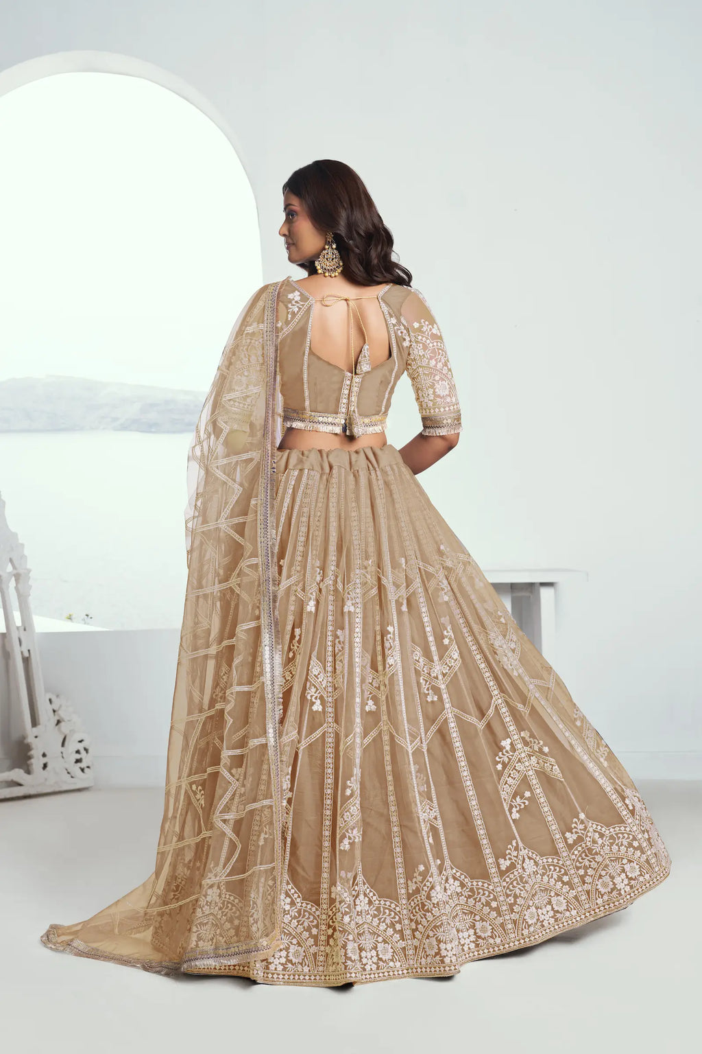 Beige Sequins Thread Embroidered Net Lehenga Choli