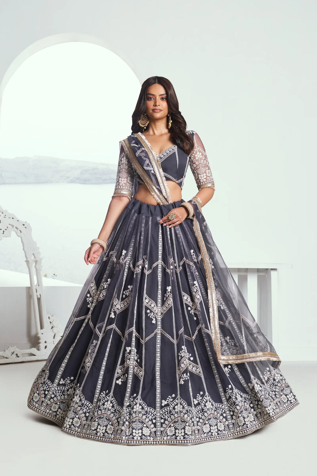 Dark Gray Sequins Embroidered Net Lehenga Choli