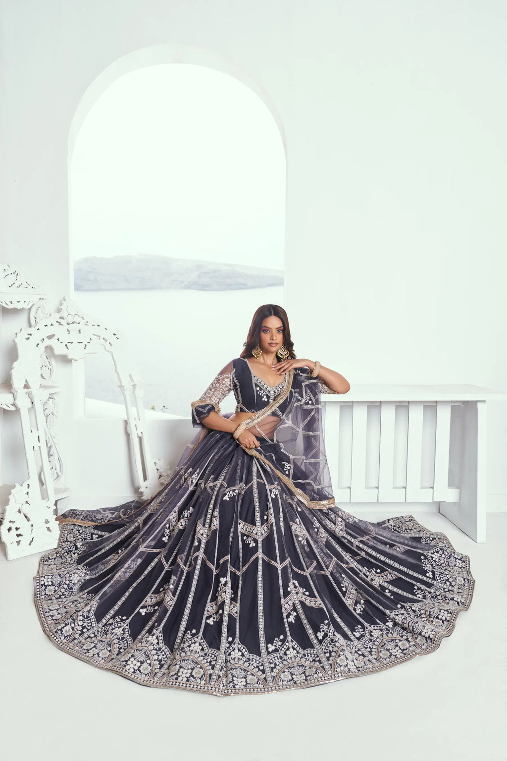 Dark Gray Sequins Embroidered Net Lehenga Choli
