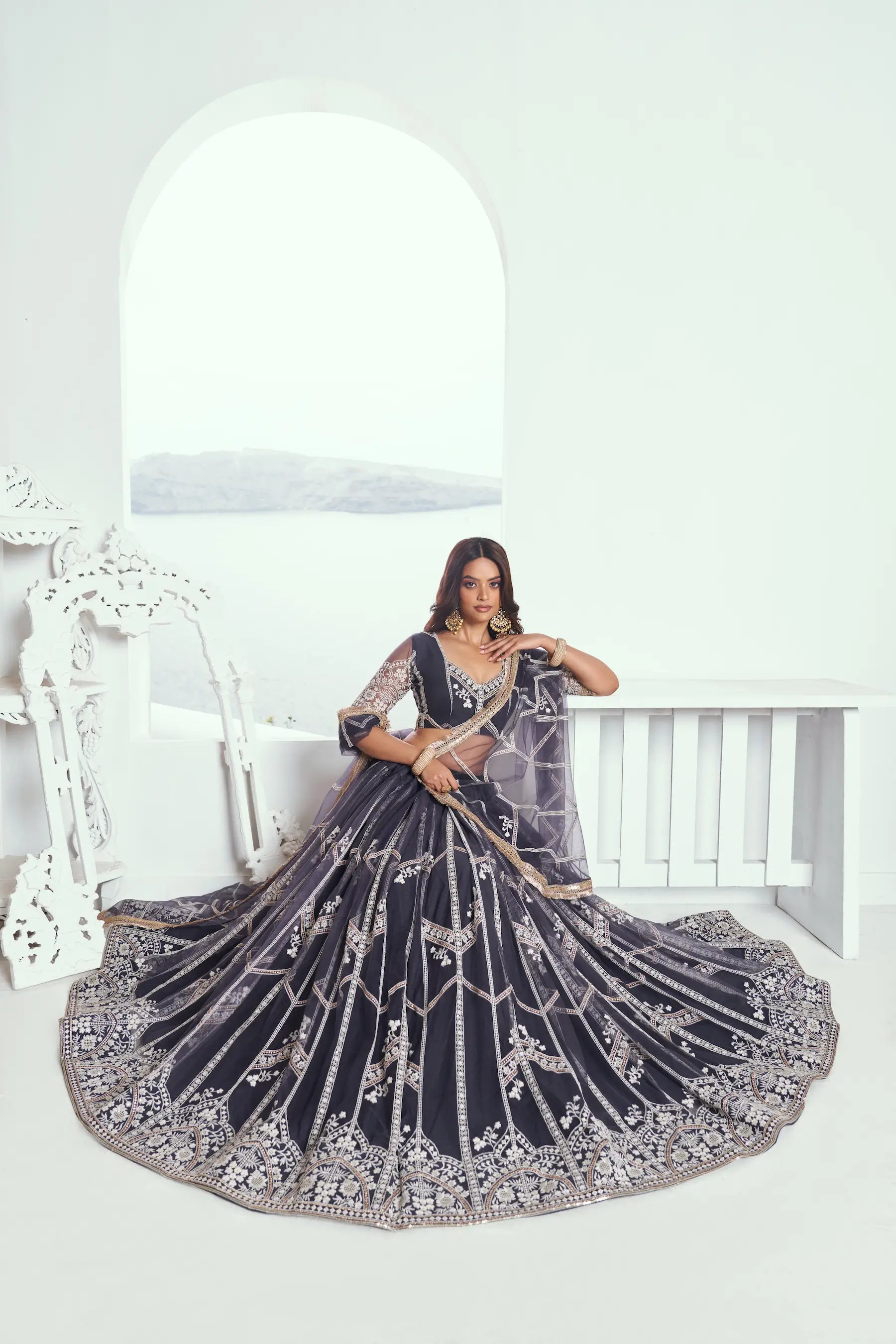 Dark Gray Sequins Embroidered Net Lehenga Choli