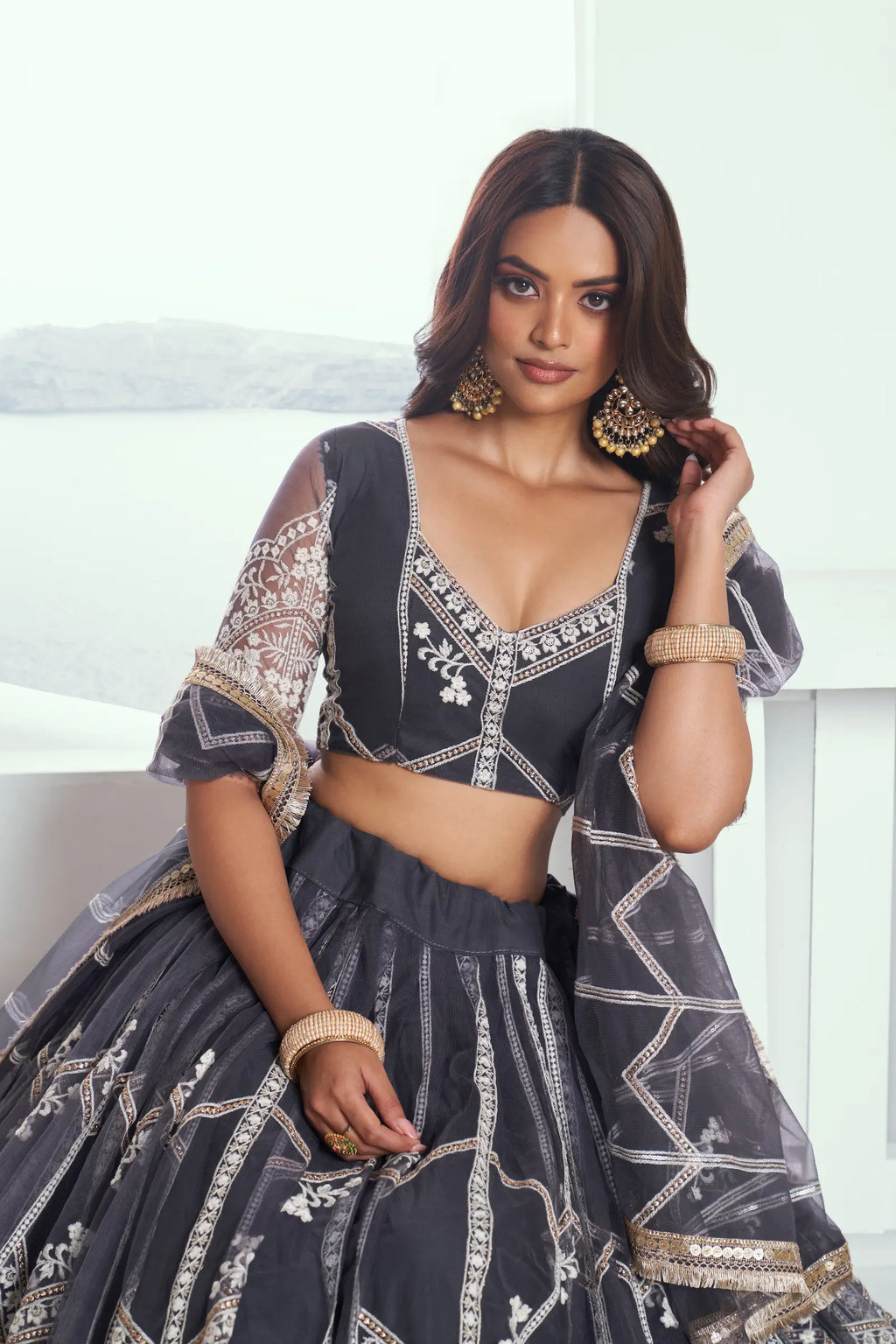 Dark Gray Sequins Embroidered Net Lehenga Choli