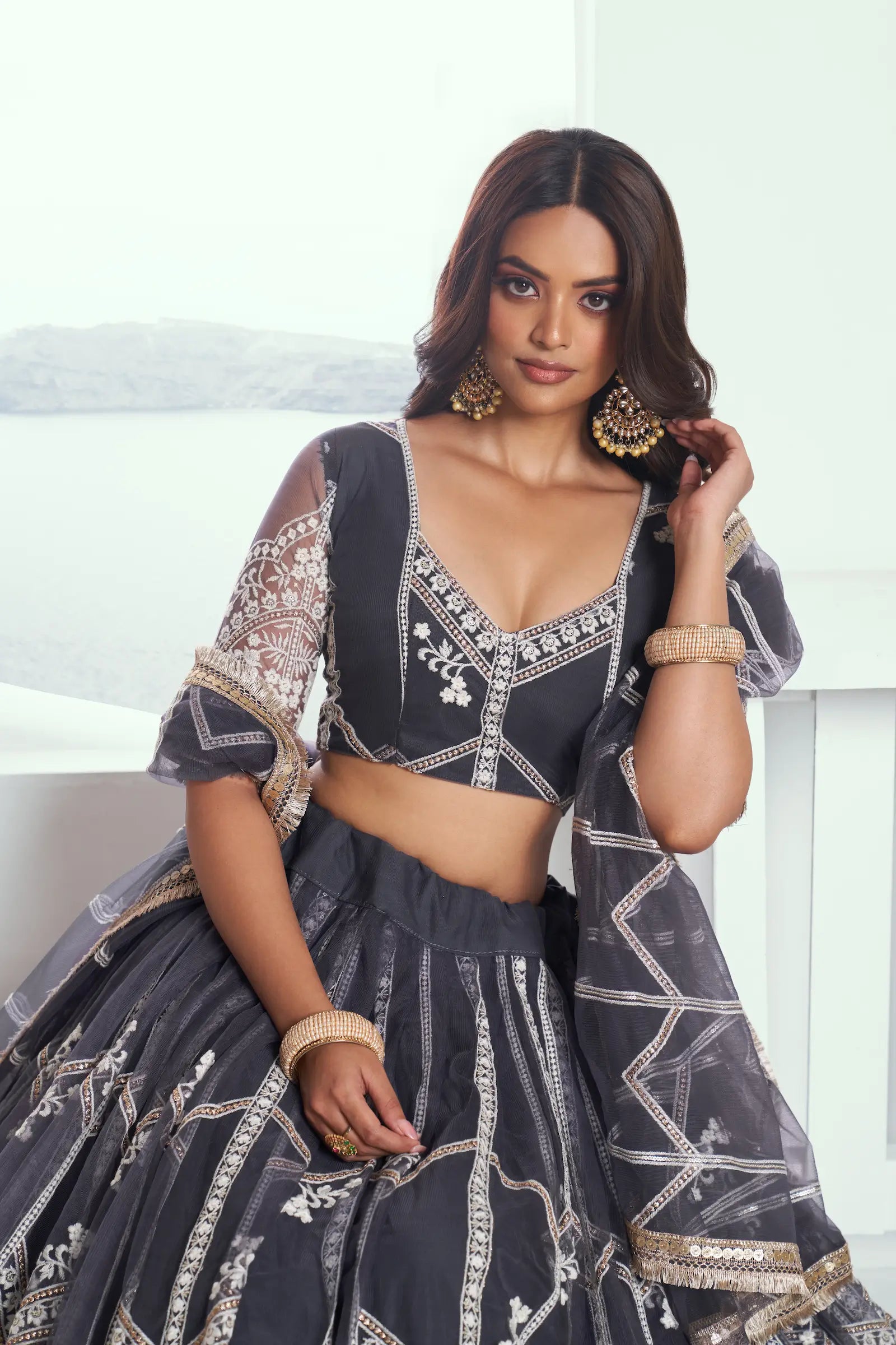 Dark Gray Sequins Embroidered Net Lehenga Choli
