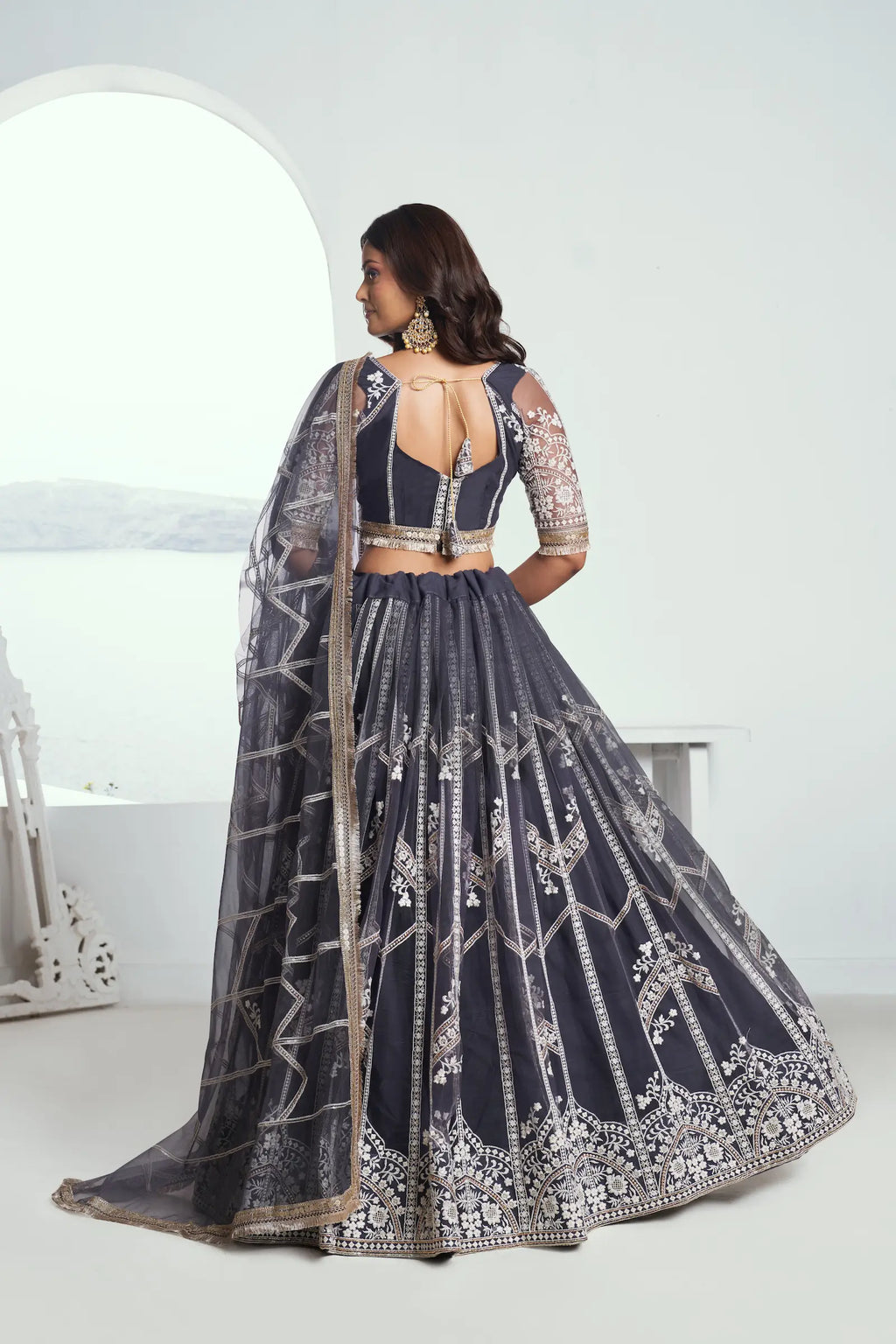 Dark Gray Sequins Embroidered Net Lehenga Choli