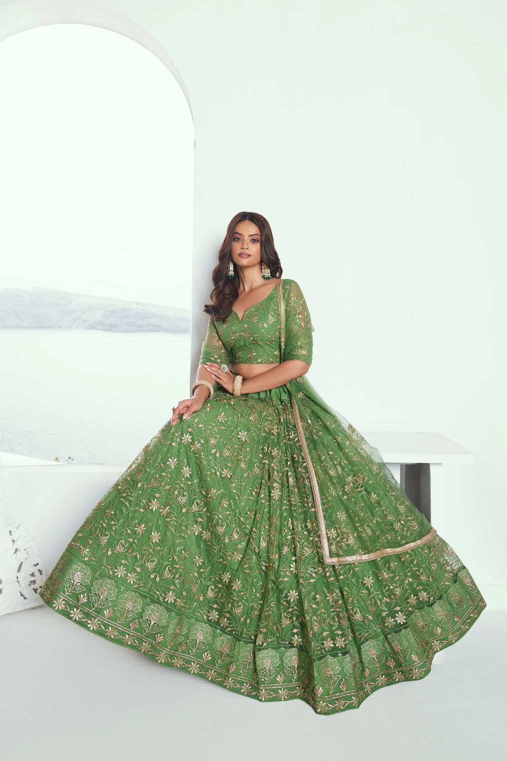 Light Green Sequins Embroidered Net Lehenga Choli