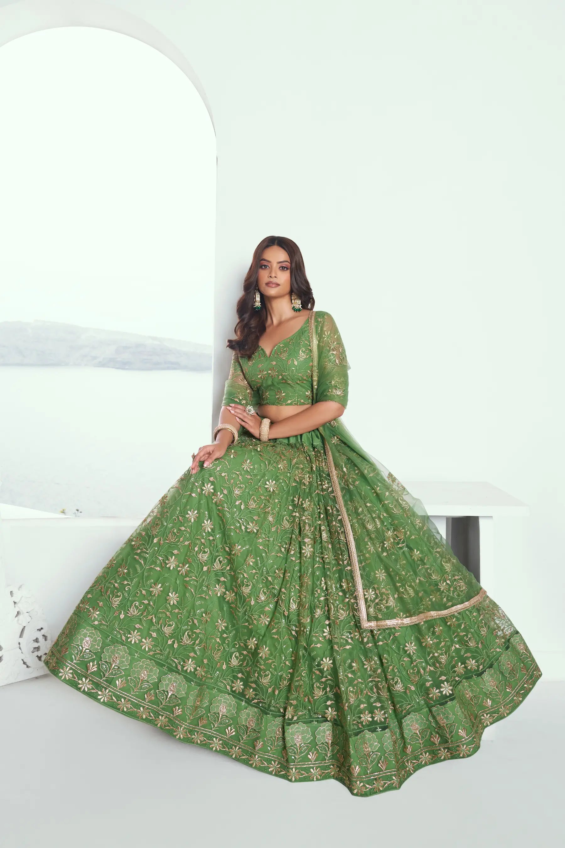 Light Green Sequins Embroidered Net Lehenga Choli