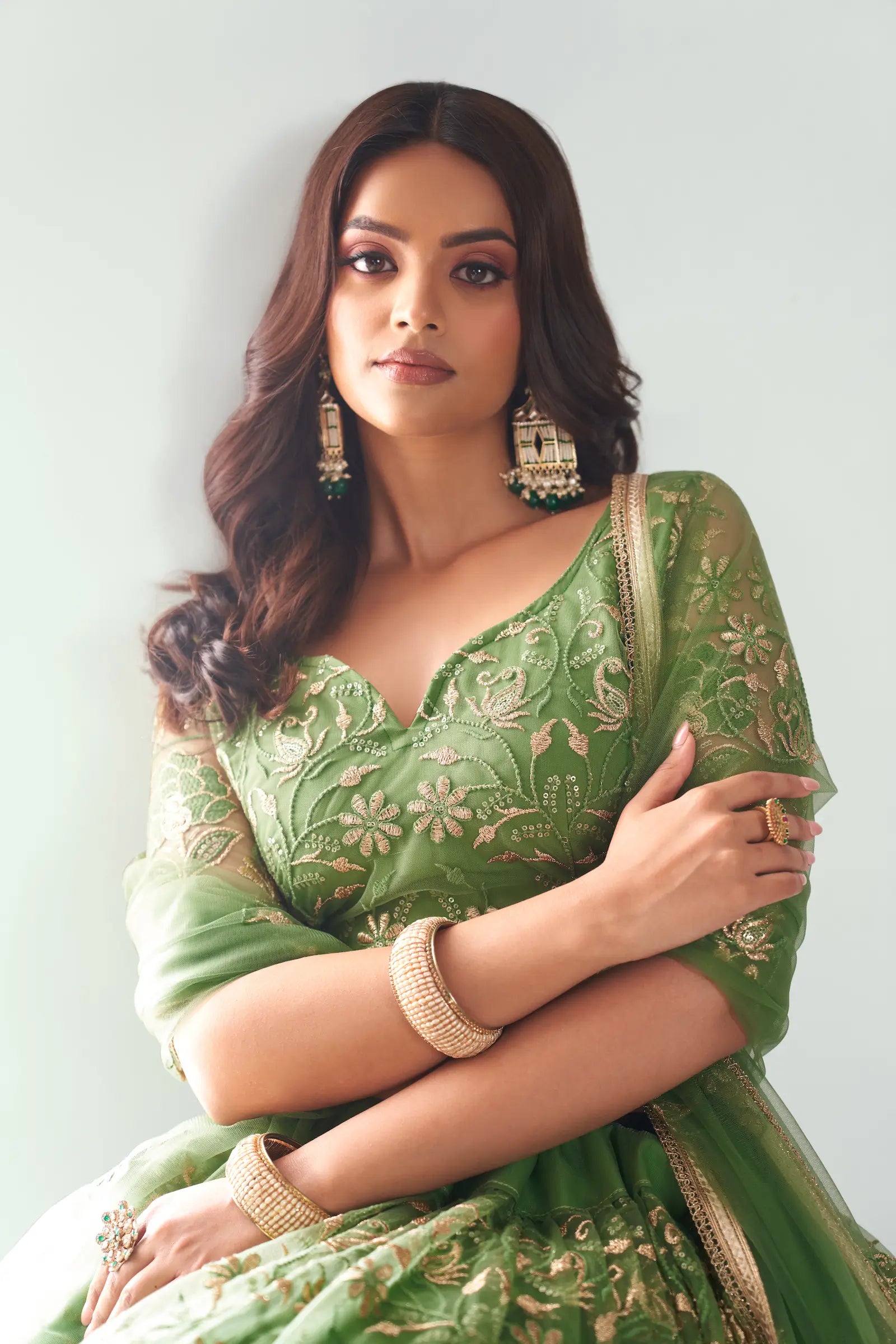 Light Green Sequins Embroidered Net Lehenga Choli