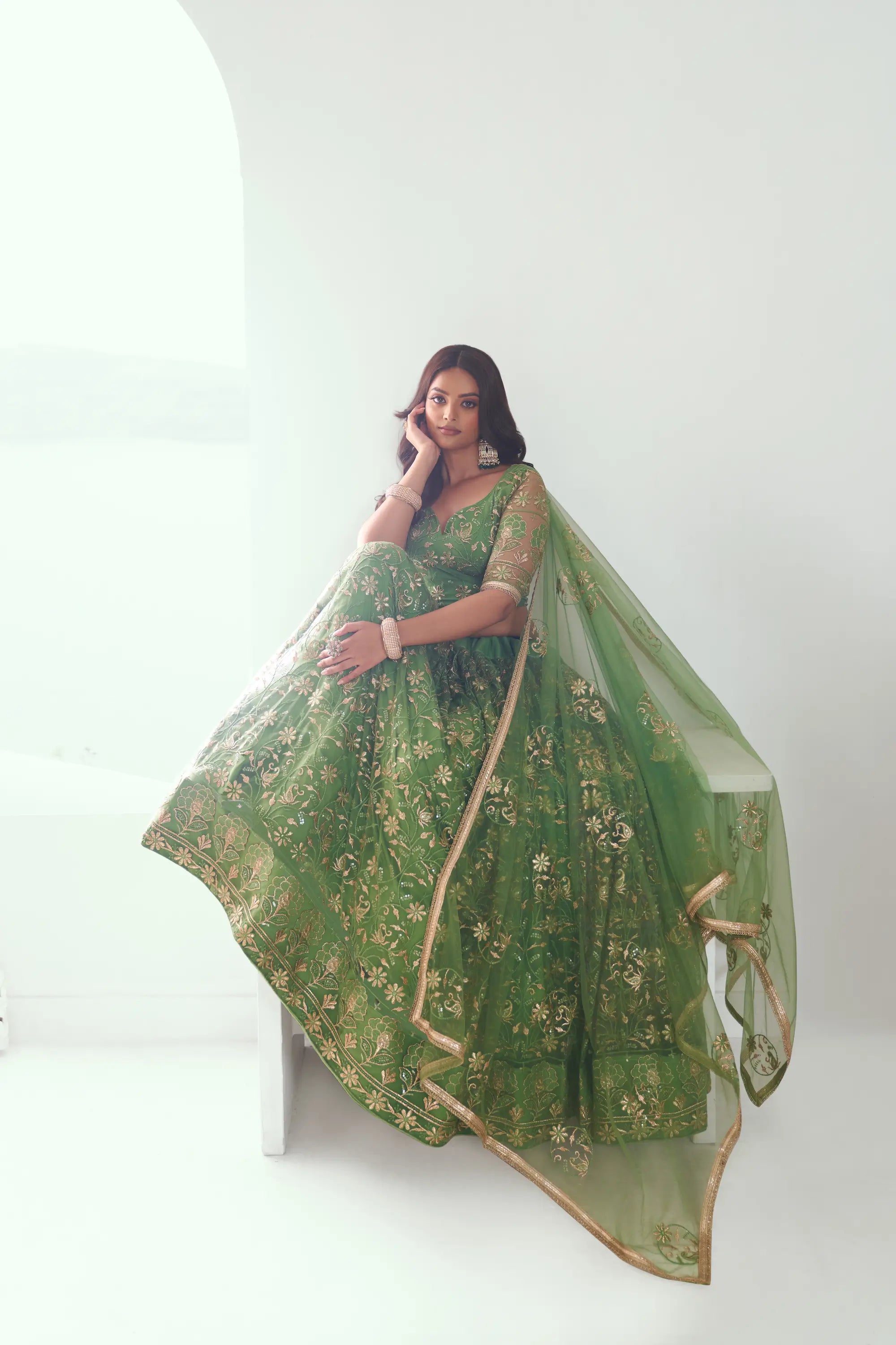 Light Green Sequins Embroidered Net Lehenga Choli