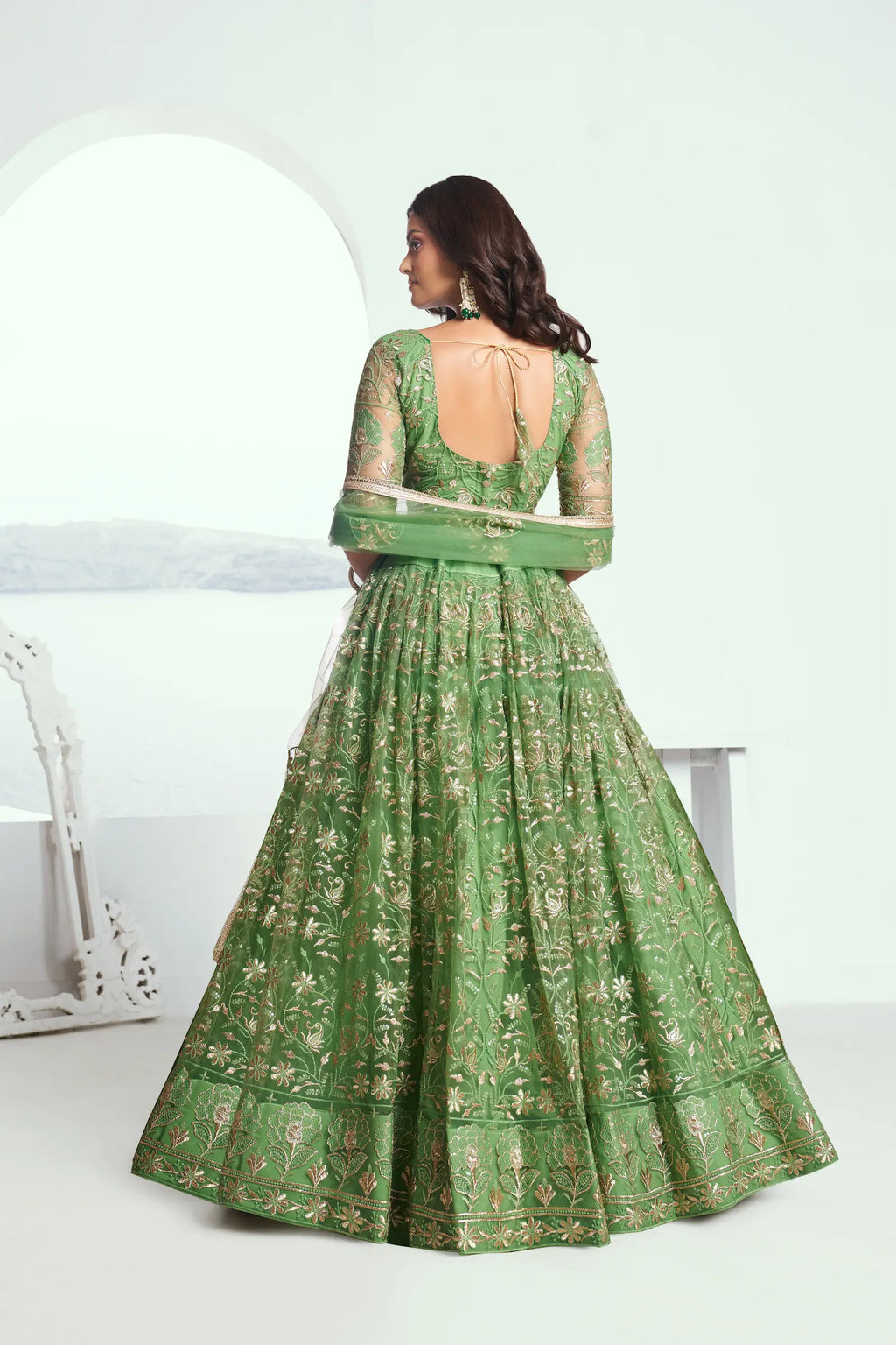 Light Green Sequins Embroidered Net Lehenga Choli