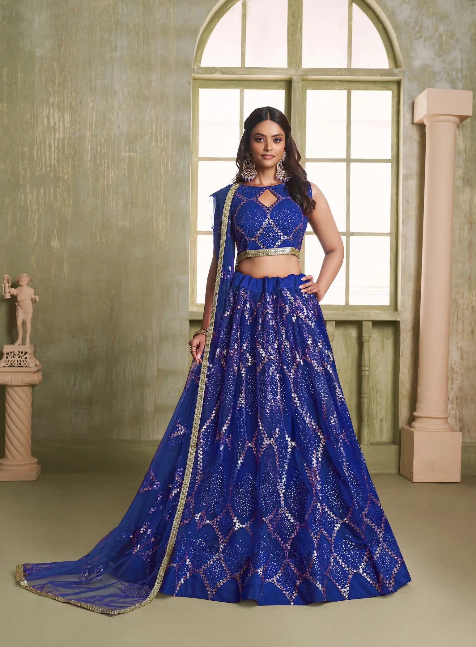 Royal Blue Net Lehenga Choli With Sequins Work
