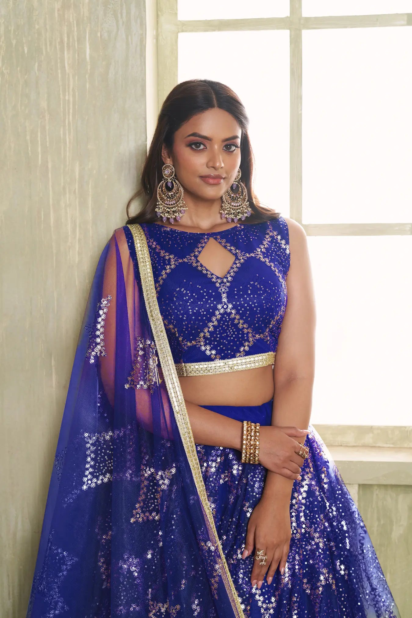 Royal Blue Net Lehenga Choli With Sequins Work
