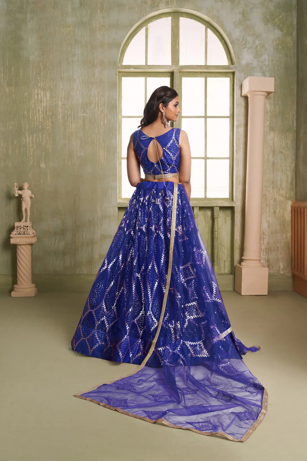Royal Blue Net Lehenga Choli With Sequins Work
