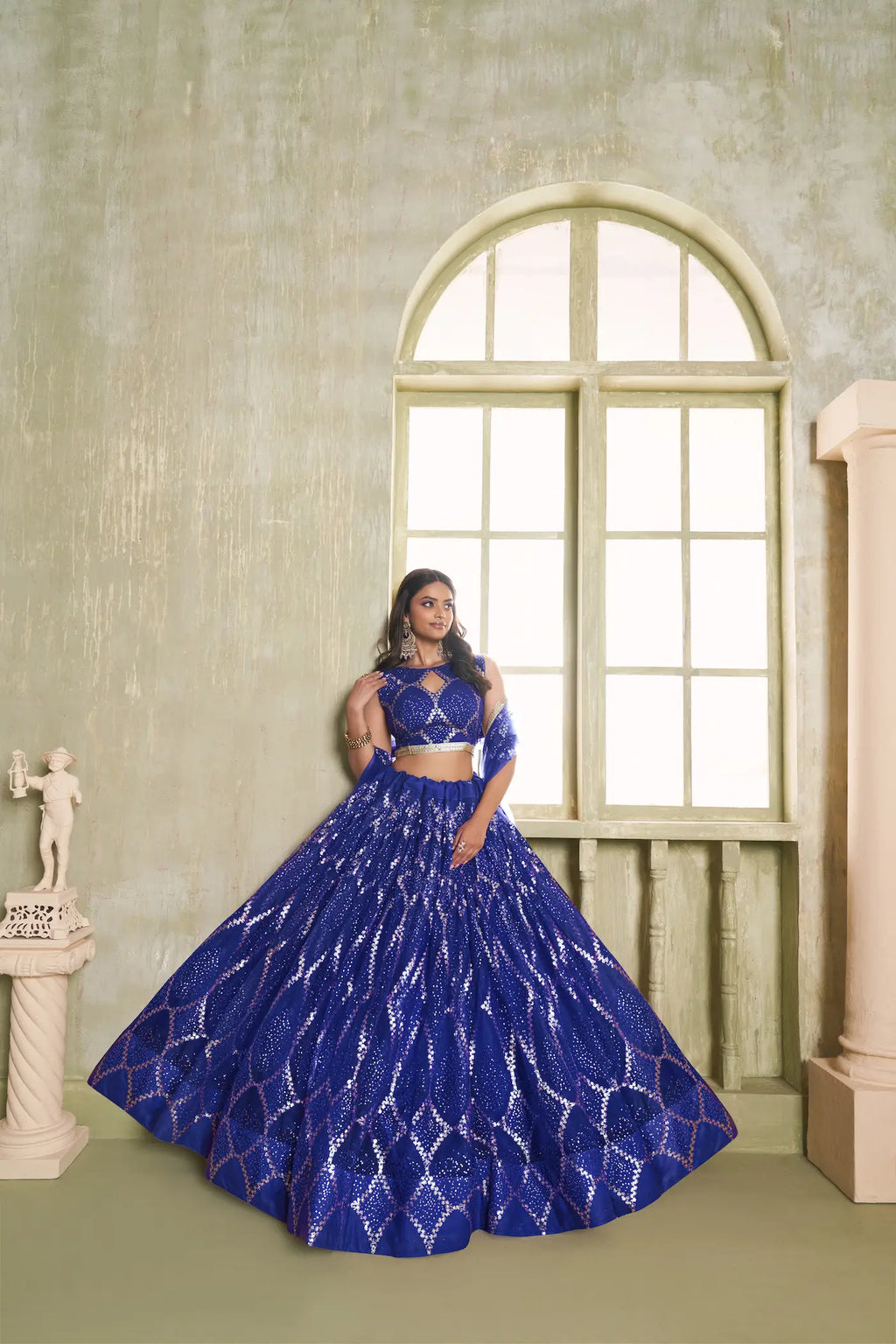 Royal Blue Net Lehenga Choli With Sequins Work