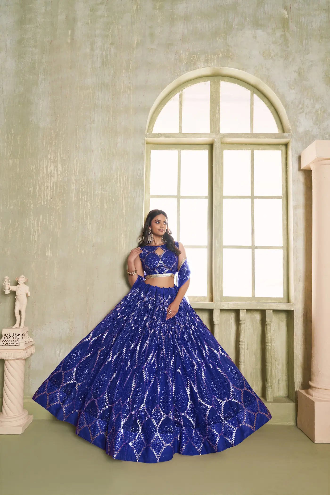 Royal Blue Net Lehenga Choli With Sequins Work
