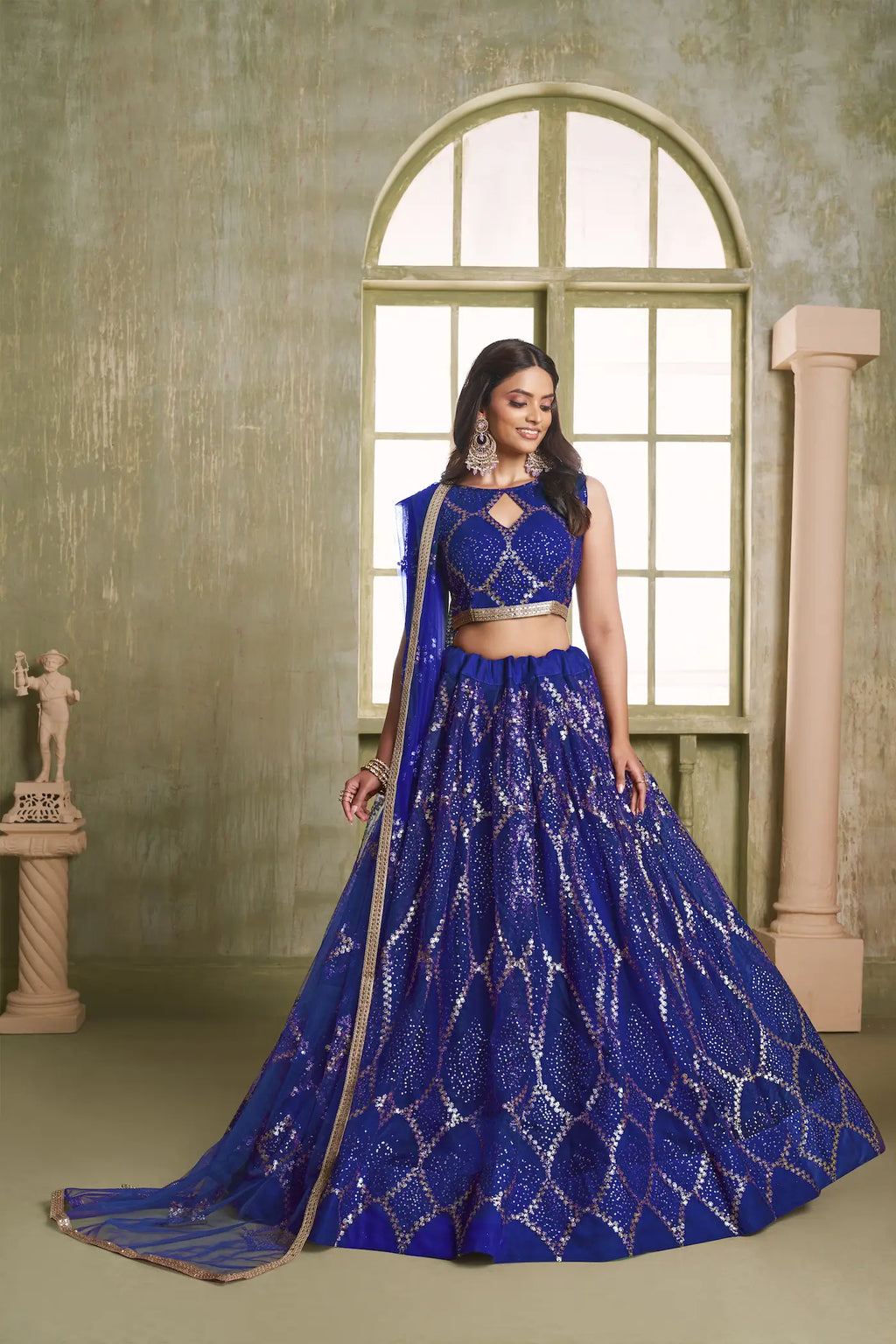 Royal Blue Net Lehenga Choli With Sequins Work