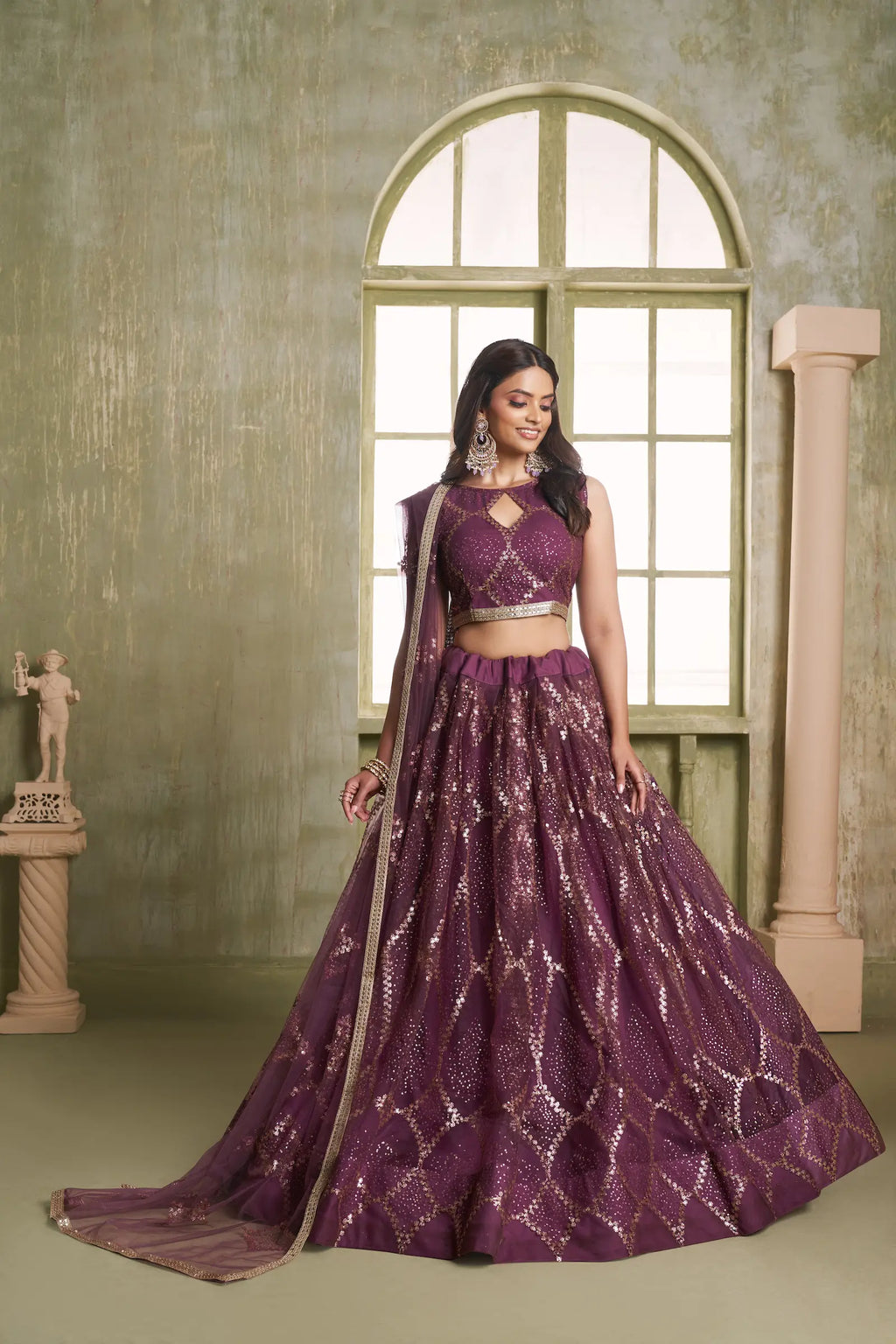Wine Thread Sequins Embroidery Net Lehenga Choli